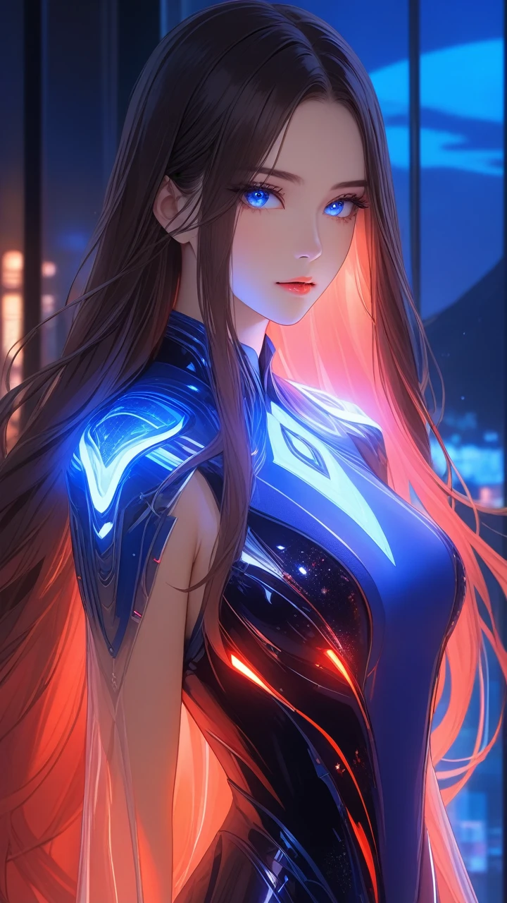 8K, Ultra HD, Masterpiece, 1 girl, exquisite face:1.5), very long hair, strait hair, detailed eyes, ultimate details, wearing transparent science fiction clothes, blue clothes, (glowing clothes:1.4), amazing magnificence,red LED Internal lighting, glowing iris, glowing iris,