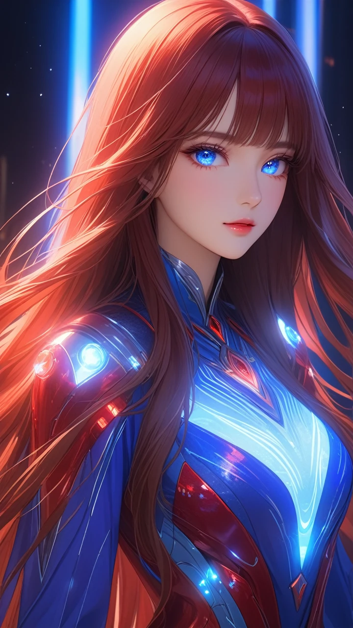 8K, Ultra HD, Masterpiece, 1 girl, exquisite face:1.5), very long hair, strait hair, detailed eyes, ultimate details, wearing transparent science fiction clothes, blue clothes, (glowing clothes:1.4), amazing magnificence,red LED Internal lighting, glowing iris, glowing iris,