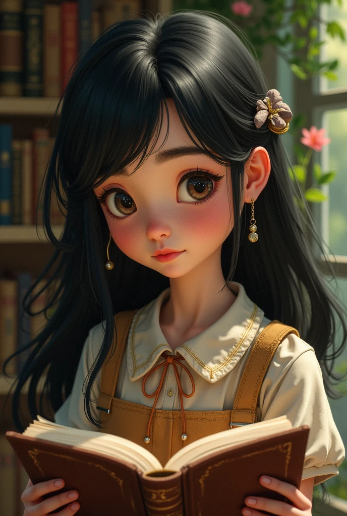 Generates an image of a girl with dark hair, thick lips, nose a little wide and long, bushy eyebrows, reading