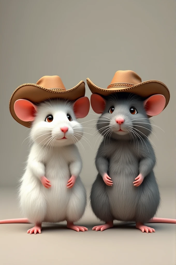 Draw a white rat and a gray rat wearing cowboy hats