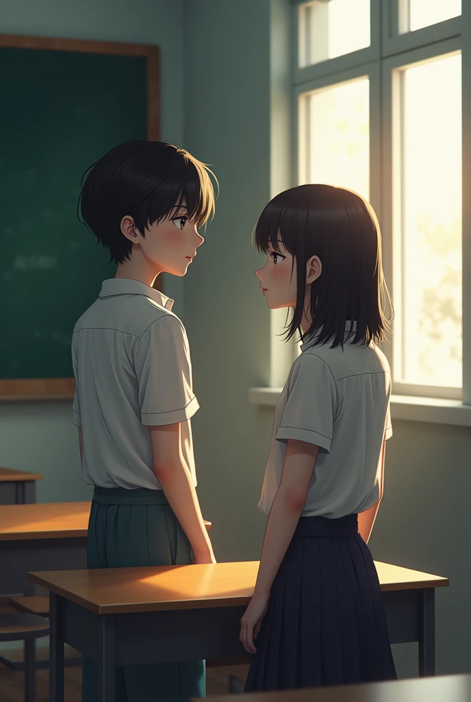 Arga stands in the corner of the classroom, admiring Rina from a distance with a look of awe.