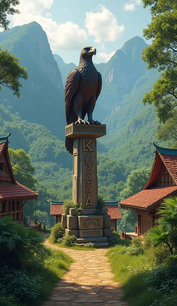 a (very beautiful) village on the edge of the forest ((beautiful savanna background)) with a statue of an eagle clutching the words Kolikapa village name (( Kolikapa)).