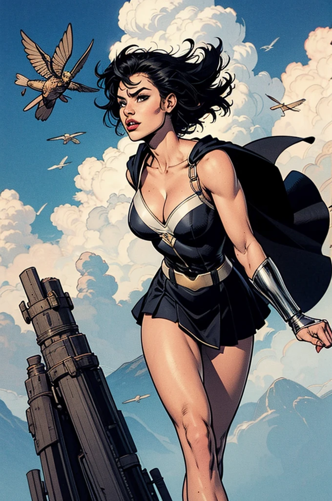  Girl with perfect body, black hair, Black superhero costume, white cape, Flying through the skies, cleavage, thigh, short skirt, sexy, flying, flying, flying