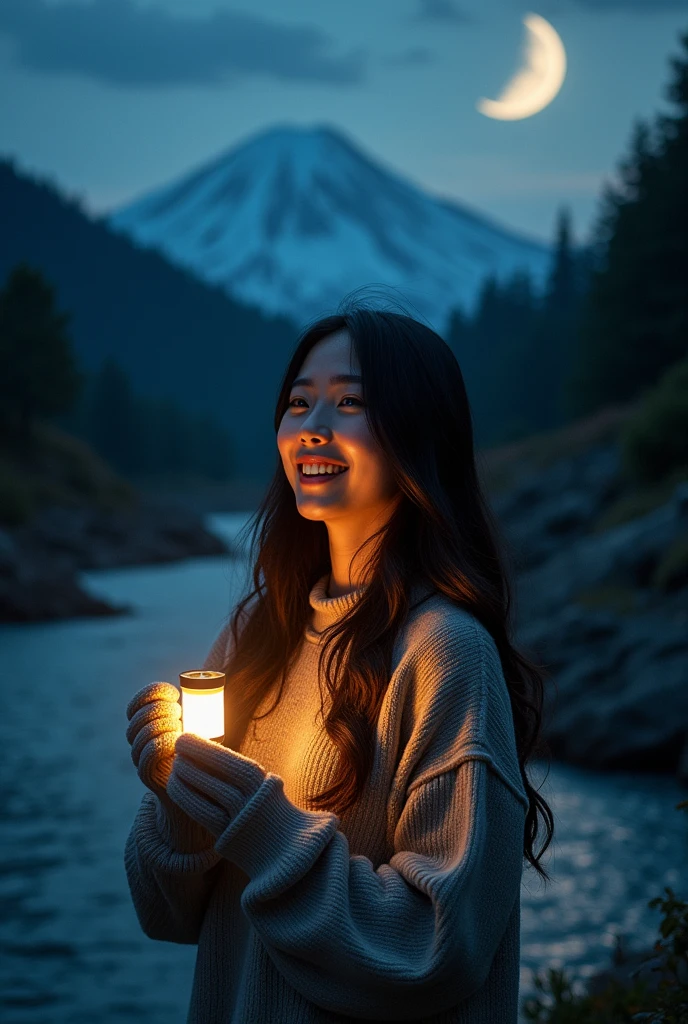 Japanese,Long Hair,masterpiece, Highest quality, Super detailed, alone, Outdoor, (night), Mountain, nature, (star, moon) Hilarious, Happy, Gloves, sweater, Have, flashlight, forest, rock, river, wood, cigarette, Shadow, Contrast, sunny, Analog Style (View the viewer:1.2) (Skin Texture) (Film Grain: 1.3), (Warm colors, Warm tones): 1.2), close, Cinematic Light, Side light, Ultra-high resolution, Best Shadow, born, Wearing a pullover, Kodak Vision 3,