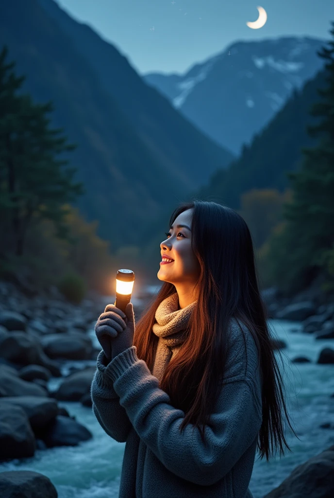 Japanese,Long Hair,masterpiece, Highest quality, Super detailed, alone, Outdoor, (night), Mountain, nature, (star, moon) Hilarious, Happy, Gloves, sweater, Have, flashlight, forest, rock, river, wood, cigarette, Shadow, Contrast, sunny, Analog Style (View the viewer:1.2) (Skin Texture) (Film Grain: 1.3), (Warm colors, Warm tones): 1.2), close, Cinematic Light, Side light, Ultra-high resolution, Best Shadow, born, Wearing a pullover, Kodak Vision 3,