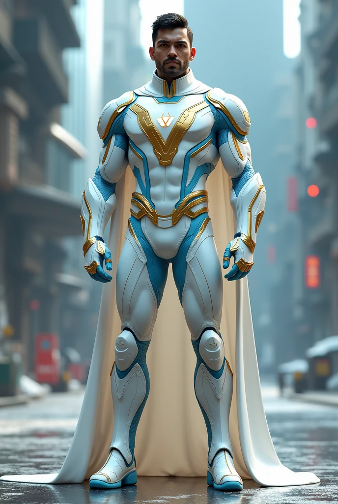 "A male superhero of Indian origin wearing a high-tech suit primarily in pearl white with crystal blue accents. The superhero's boots are crystal blue, while the gloves are pearl white with elegant golden details. In the center of the chest is a prominent 'V' symbol in crystal blue, representing the superhero's name. The suit blends advanced technology with elements of Indian culture, giving the superhero a powerful and unique appearance."