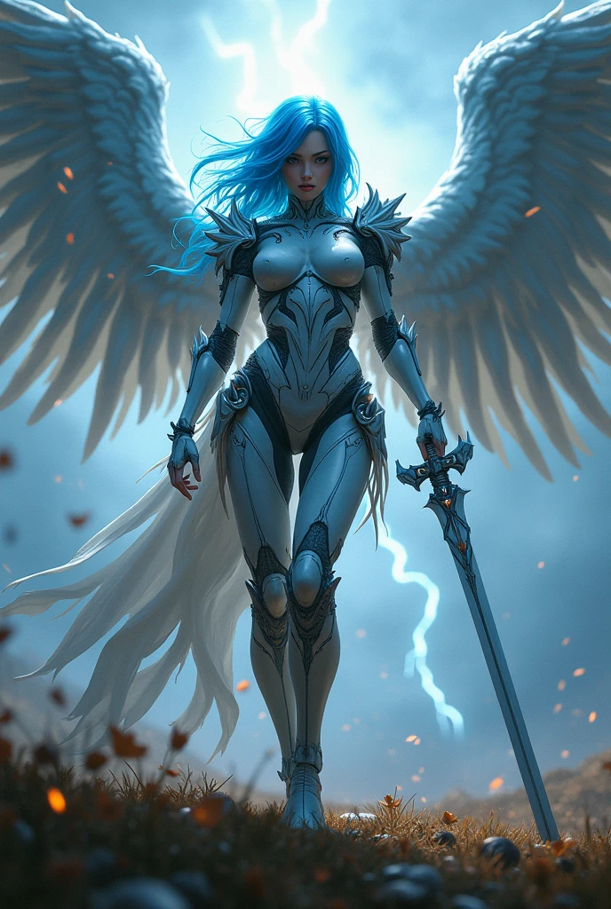 blue hear,thunder archangel Raphael,war effect,REAL - style image of a woman with a sword in a field, cyberpunk art inspired by Leng Mei, cgsociety contest winner, fantasy art, beautiful cyborg angel girl, angel knight girl, as a mystical valkyrie, battle angel, angel in plastic armor, mechanized valkyrie girl, unreal engine 4k wallpaper, wraith from apex legends, epic angel wings