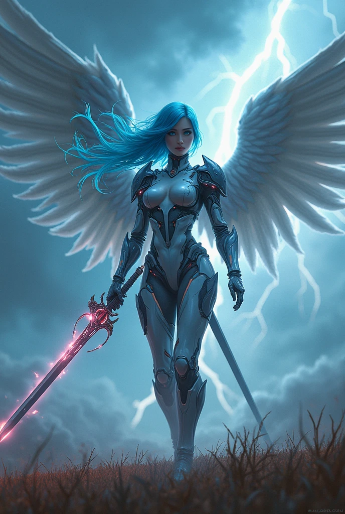 blue hear,thunder archangel Raphael,war effect,REAL - style image of a woman with a sword in a field, cyberpunk art inspired by Leng Mei, cgsociety contest winner, fantasy art, beautiful cyborg angel girl, angel knight girl, as a mystical valkyrie, battle angel, angel in plastic armor, mechanized valkyrie girl, unreal engine 4k wallpaper, wraith from apex legends, epic angel wings