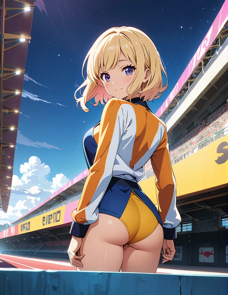 (anime artwork, anime style, studio anime, very detailed, up to date, vibrant, Anime Coloring, high contrast, masterpiece:1.2, best quality, best aesthetics),1 girl, Medium chest,random hair,A glimpse of thighs, One eye is hidden by the bangs, perfect proportions, high detail skin, Cute, detailed faces,racetrack for automobile races, precise fingers,curvy,paddock girl, from behind, looking back,full body,