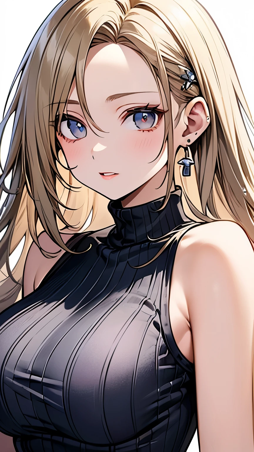((forehead、Standing、Big Breasts:1.5、Chubby、A calm face、Blonde、High Neck Sleeveless Knit Dress、White Blonde Hair、Northern Europe、White、beautiful girl:1.5、Blonde、White background、cute、Young、True Face、Shiny Hair、whole body))、overweight:1.5、masterpiece, best quality, ultra detailed, hyper detailed, beautiful, woman, medium shot, from front, leaping figure composition, midday, in focus with blurred background、 highest quality, figure, super detailed, finely, High resolution, 8k wallpaper, Perfect dynamic composition, detailed and beautiful eyes, Deco out,bionde, big breasts, Natural color lip,white background, random cute poses