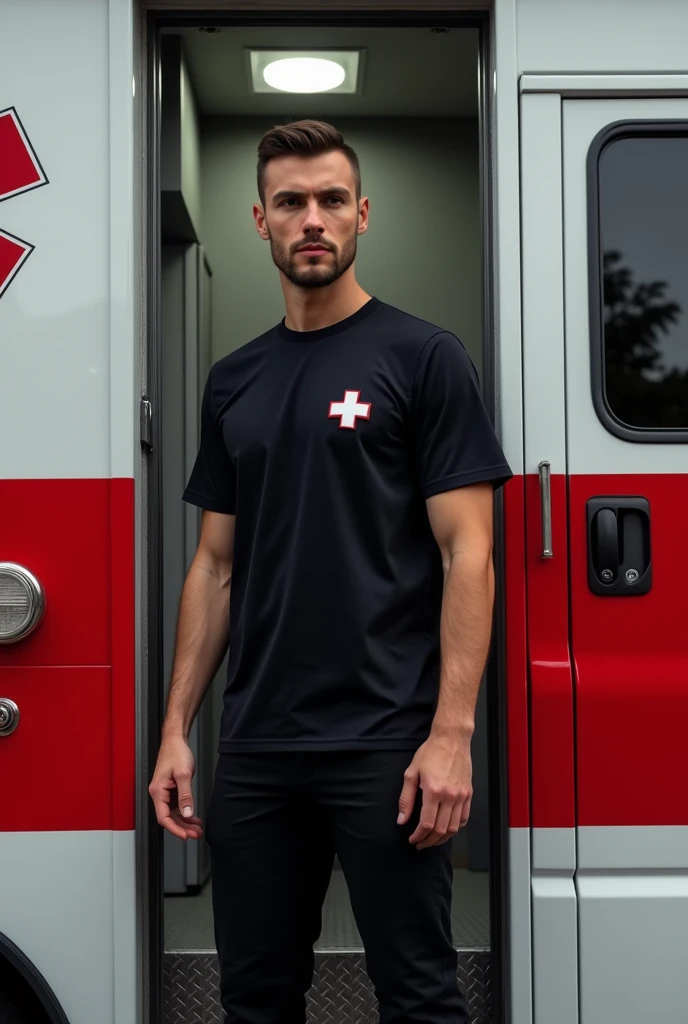 The image shows a man standing in the doorway of a red and white ambulance, wearing a black shirt with a red cross symbol.