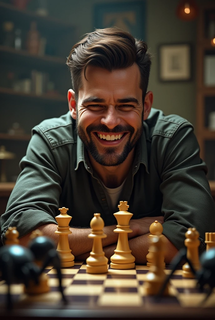 Adult man short hair, short closed beard that looks happy about his departure, playing chess with some spiders