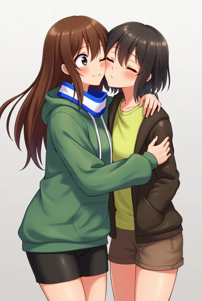 Two women:

Aredia: Long brown hair to the waist, black eyes, light brown tea. He is wearing a green hooded sweatshirt and black shorts and is also wearing a two-tone scarf. (blue and white) She is shorter than Chip, measuring 1.63

Chip: Short shoulder-length brunette with bangs, white skin and reddish brown eyes. He is wearing a lime green long-sleeved shirt along with brown shorts and a dark brown sleeveless hooded jacket.. She is taller than Aredia, stomach 1.68 The situation: Aredia, Hugging Chip from behind, giving him a kiss on the cheek while Chip blushes slightly and closes one of her eyes in embarrassment.
