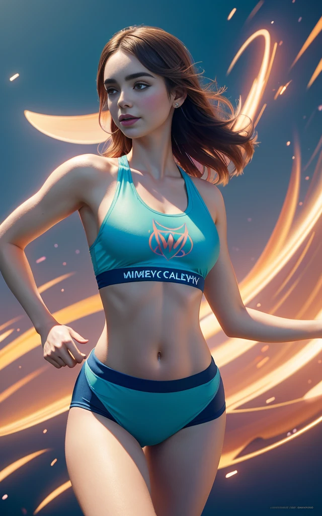A LILY COLLINS in colorful sports bras, big breasts, mysterious smile, in motion, showing thighs, 3D magical details, James Jean soft light, 4K, Yuri Schvedorf and Tom Bagshaw, beautiful digital artwork, Sylvain Sarrell and Igor Mosky, full body shot