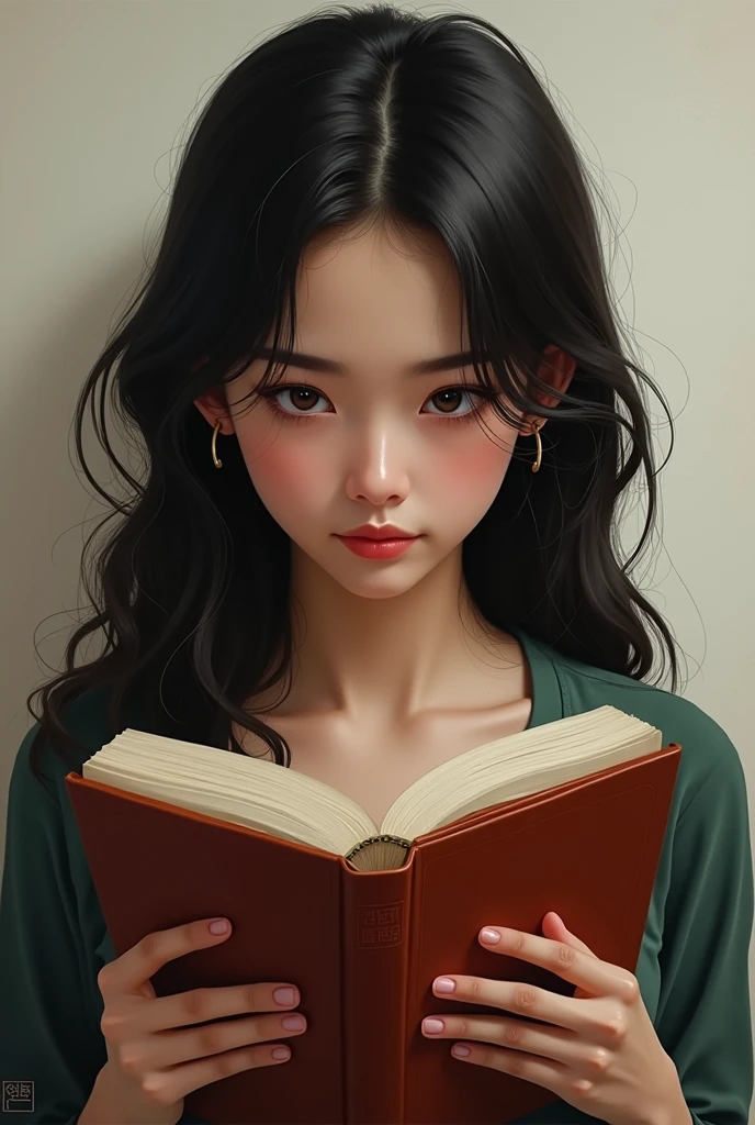 Generates an image of a girl with dark hair, thick lips, nose a little wide and long, bushy eyebrows, reading realistic