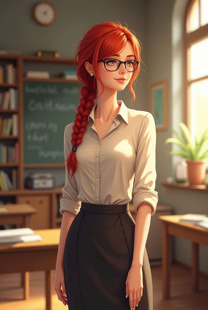 A female teacher with red hair and glasses. Her hair is straight and braided at the back.
