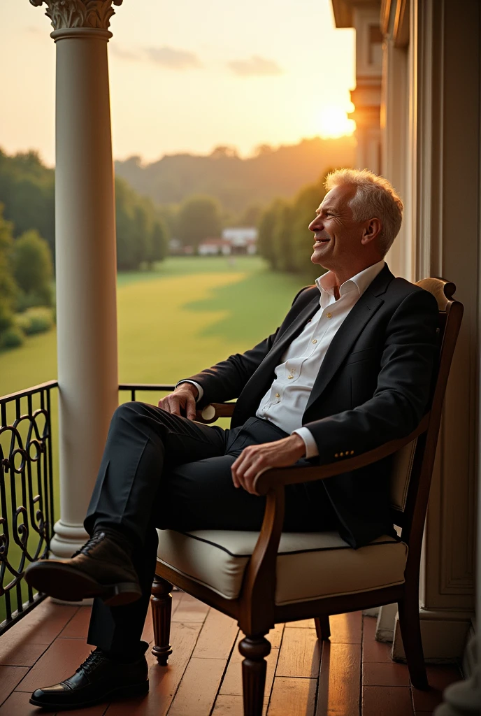 A man with a look of satisfaction for his success sitting on the third floor of the balcony of the country house showing his pride for what he has achieved