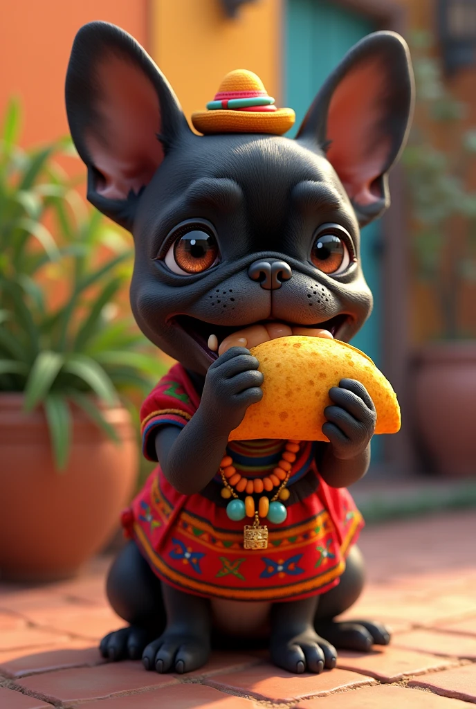 An image of a black female French Bulldog dressed in Mexican themed clothing with Mexican dress and colorful necklaces eating a taco