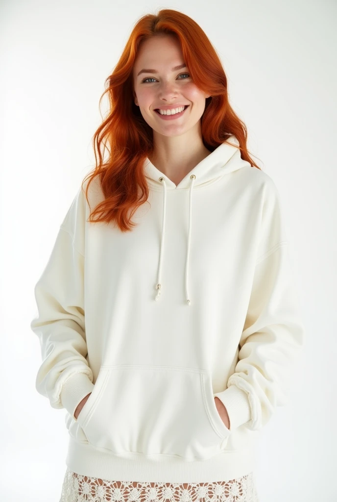 A full body front view red head woman swears an solid white ((off-hoodie)) sweatshirt with a front pocket. She also wears a crochet white skirt.The (((background is solid white)), smiling, cinematic, kodak portra 400.