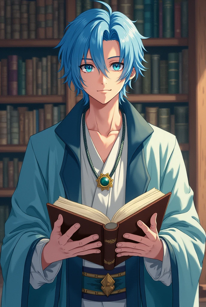 1 male, Around 30 years old,Watercolor Texture, Blue Hair, Soft colors, Illustration Anime, I&#39;m in the library,German,middle ages,Front facing,neutral,Girl manga style,I have a book, smile,Like a prince,