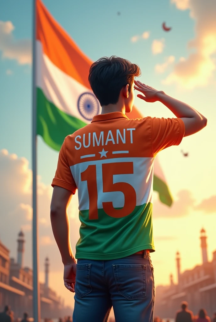 
A 20 years old boy salutes the national flag of bharat and he is wearing a shirt print is like bharat flag and "SUMANT" and 15 number and independence day in small is written on it's back in big and bold fonts, 3d illustration