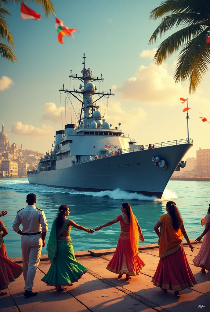 maritime relation between indian naval ship surat and surat, city in Gujarat with map of India, garba dance and diamond business