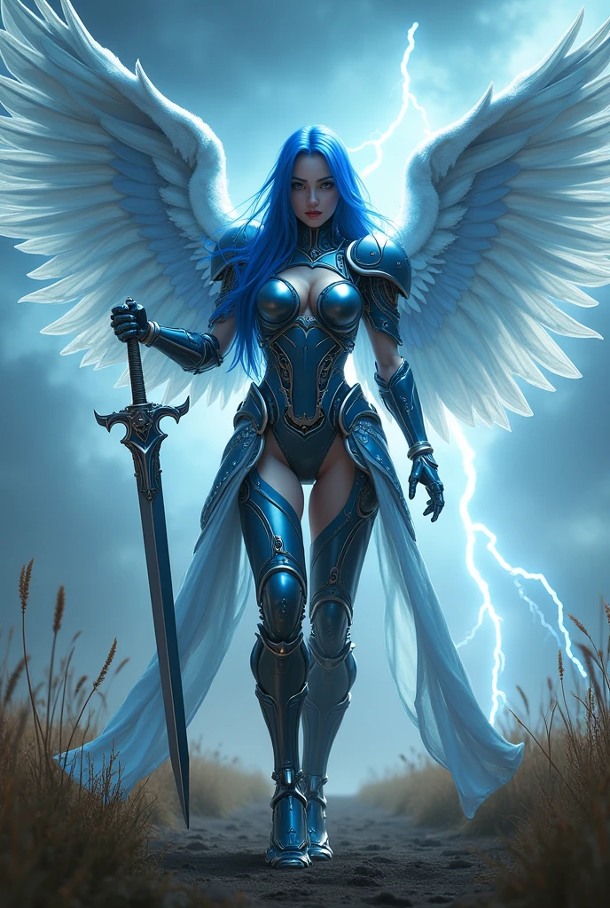 blue hear,thunder archangel Raphael,war effect,REAL - style image of a woman with a sword in a field, cyberpunk art inspired by Leng Mei, cgsociety contest winner, fantasy art, beautiful cyborg angel girl, angel knight girl, as a mystical valkyrie, battle angel, angel in plastic armor, mechanized valkyrie girl, unreal engine 4k wallpaper, wraith from apex legends, epic angel wings