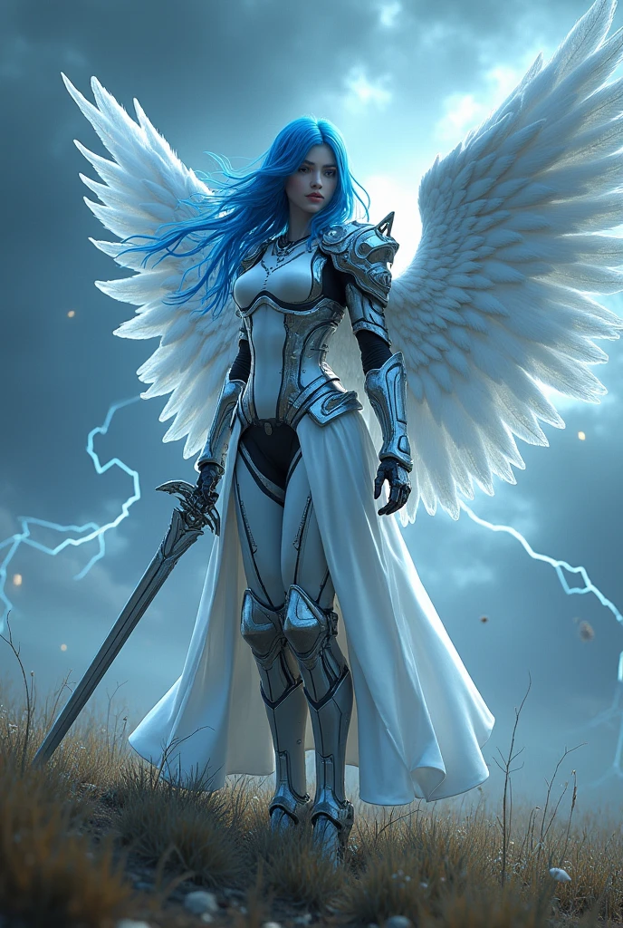 blue hear,thunder archangel Raphael,war effect,REAL - style image of a woman with a sword in a field, cyberpunk art inspired by Leng Mei, cgsociety contest winner, fantasy art, beautiful cyborg angel girl, angel knight girl, as a mystical valkyrie, battle angel, angel in plastic armor, mechanized valkyrie girl, unreal engine 4k wallpaper, wraith from apex legends, epic angel wings