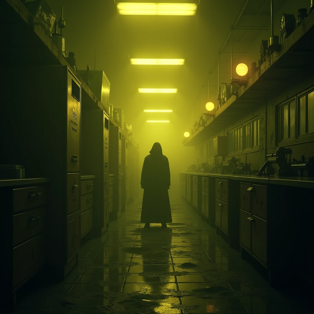 a dark and gloomy post-apocalyptic world, abandoned laboratory, ominous atmosphere, yellow color tones, decaying machinery, flickering lights, eerie shadows, mysterious figures, unsettling ambience, highly detailed, cinematic lighting, gritty realism, masterpiece, 8k, hyper-detailed