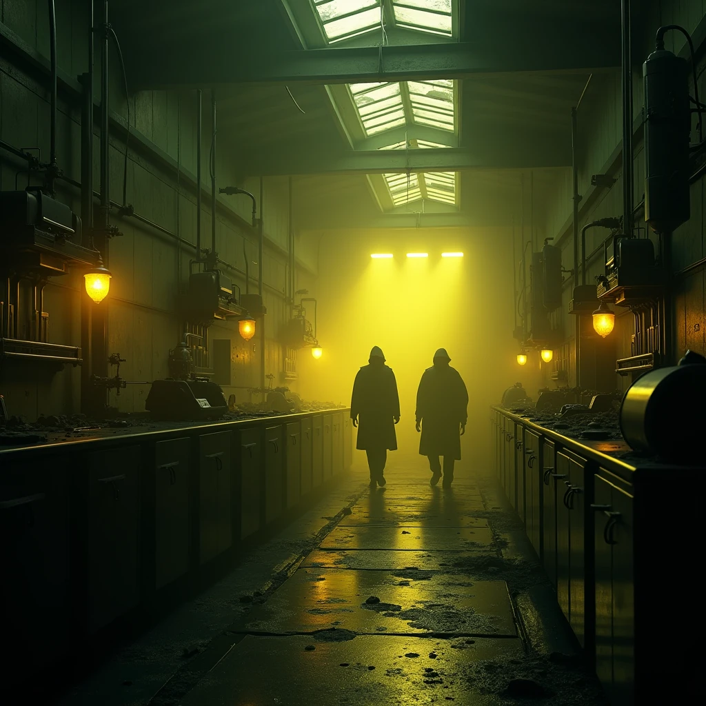 a dark and gloomy post-apocalyptic world, abandoned laboratory, ominous atmosphere, yellow color tones, decaying machinery, flickering lights, eerie shadows, mysterious figures, unsettling ambience, highly detailed, cinematic lighting, gritty realism, masterpiece, 8k, hyper-detailed