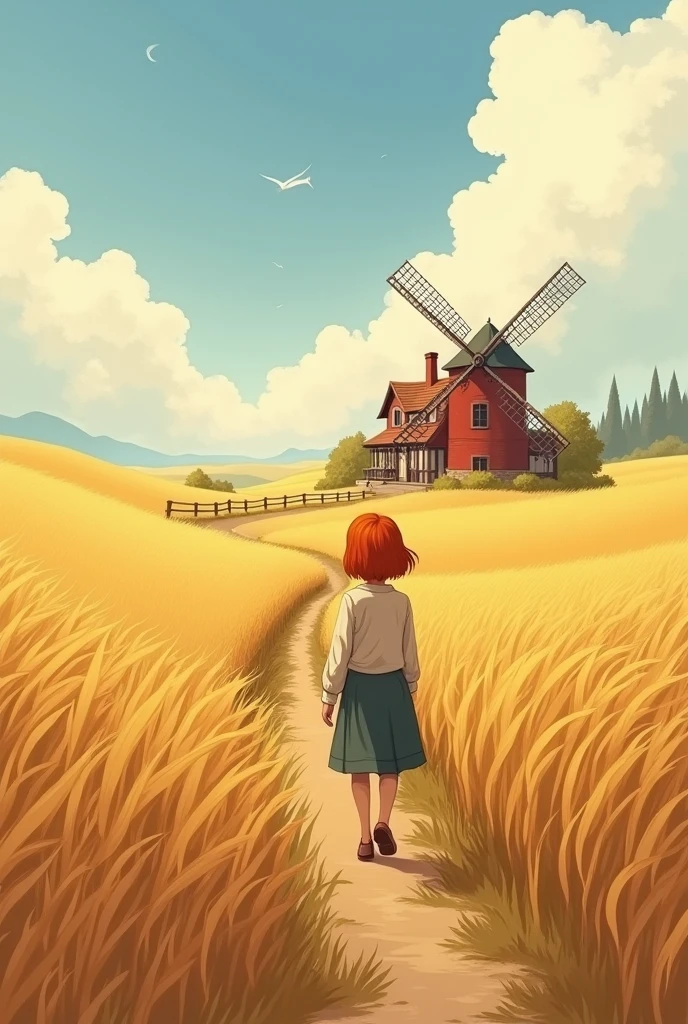 A little red-haired white girl walking down a path in a wheat field heading toward a red and white farmhouse with a windmill next to it