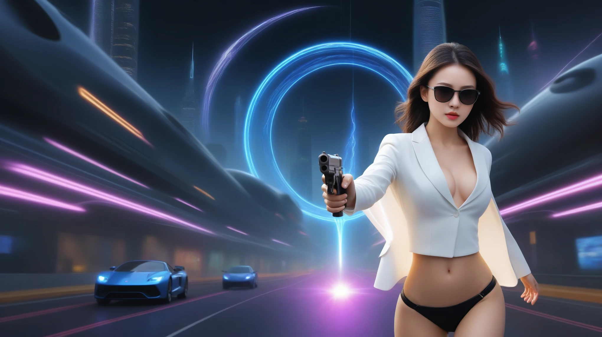 A sexy young slim woman wearing a black suit and dark glasses stood still, (holding a short gun), large-breast cleavage. The background is full of Sparkling, colorful electricity and colorful visual effects, flying cars, sci-fi sparkling-spirit wormhole. Realistic style and high definition Dynamic poses and stunning lighting.