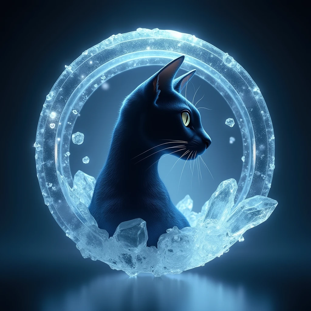 cool, Symbol Logo, Face Profile, 8k, cat, floating in a circle, Crystal emblem, 크리스탈 원안에 크리스탈 cat