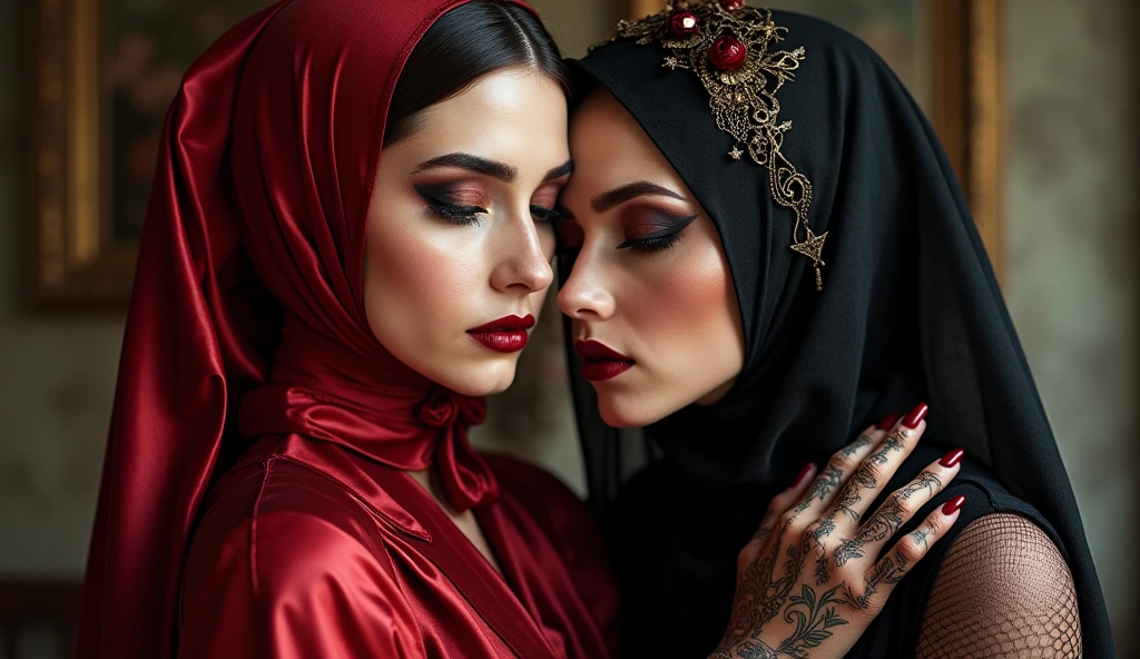 moving closer, coming closer, face is masked, moving closer, gorgeous sensual intertwining embrace, shallow depth-of-field telephoto portrait closeup of sensual exhausted glossy gothic touching minx mantilla woman, enormous eyeliner eyeshadows lipstick blush rouge makeup lovely embraces & touches red gothic coquette headdress woman, together touching each other, sensual high-neck satin wrap blouse gothic inuit with enormous eyeshadows & lipstick, club dance flirting gothic with 'very strongly colored eyelids, broad wide big eye-shadow & big dark glossy eyeshadows' & 'thick eyebrows', cuddle, touching each other while wearing a transparent 'glossy shiny poly-vinyl' red satin blouse with bows puffs ruffles & 'gold pleated glossy shiny leather' pvc skirt with button-placket, adorned with a pleated funeral criss cross puff satin croptop with hips with button-placket & dark-brown shiny pvc gloves, While they snuggle & touch each other they wear a golden long-sleeved floor-length pvc vest with a button-placket & glossy brown poly-vinyl shiny pvc long-tunic shimmer wetlook glitter leggings. closer,touching closer, batwing, closer smelling facemasked women, clothing with nubs and buffers, perforated poly-vinyl coat, holed hijab poly-vinyl, very full train, transparent satin gloves, symbols holed gothic leather belt, high-gloss perforated satin leggings pleasuring, shiny scarf, long glossy poly-leather jilbab, shiny skirt leggings covered, high gloss legging trouser skirt pockets, knob-front, button placket, sweet minx coquette wearing multi-layered high gloss clothing perforated, closer, fluffy eyebrows insanely thick, haute couture glamour, beautiful mesh pantyhose, korean romper, holed rubber trousers, colourful printed rose hips meshed wide broad belt, bow style glossy tattooed headscarf fully covered, poly-leather romper, patterned leather coat satin tattoo facemask veils blouse tunic, face masked, very long sleeved poly-satin clothing, tattoo shiny belt, shiny printed