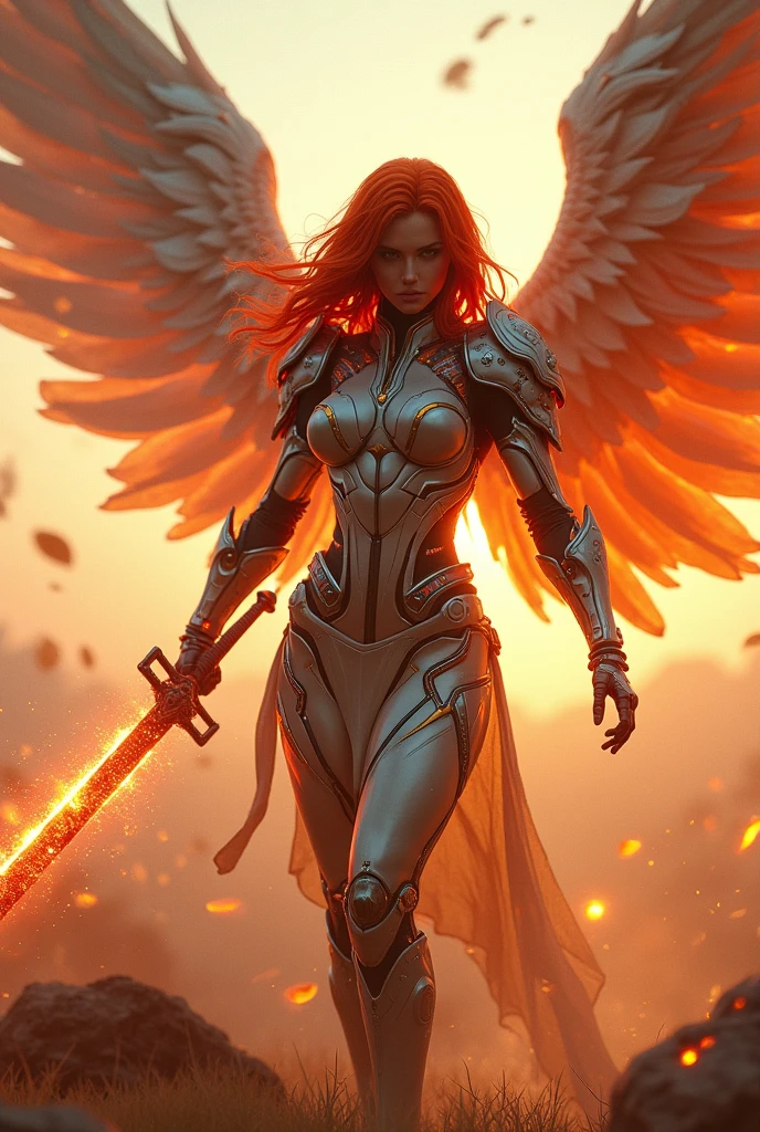 red hear,fire archangel Uriel,war effect,REAL - style image of a woman with a sword in a field, cyberpunk art inspired by Leng Mei, cgsociety contest winner, fantasy art, beautiful cyborg angel girl, angel knight girl, as a mystical valkyrie, battle angel, angel in plastic armor, mechanized valkyrie girl, unreal engine 4k wallpaper, wraith from apex legends, epic angel wings