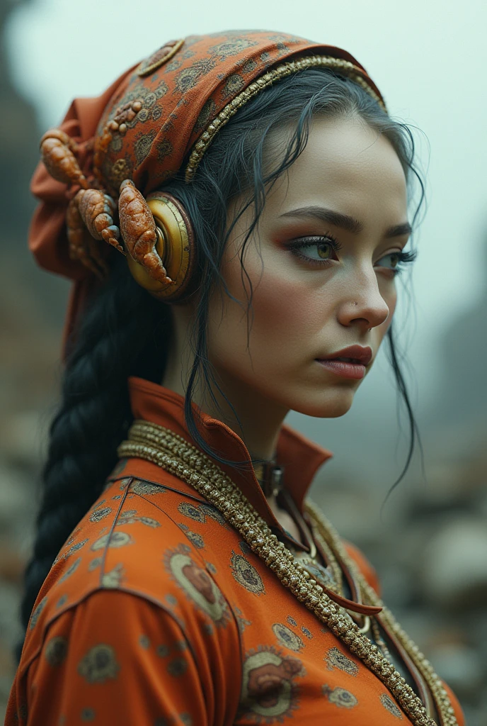 A tastefully dressed alien woman under war、A close-up of a crab and its calm expression、It indicates the inner peace and outer charm of the Crab.。