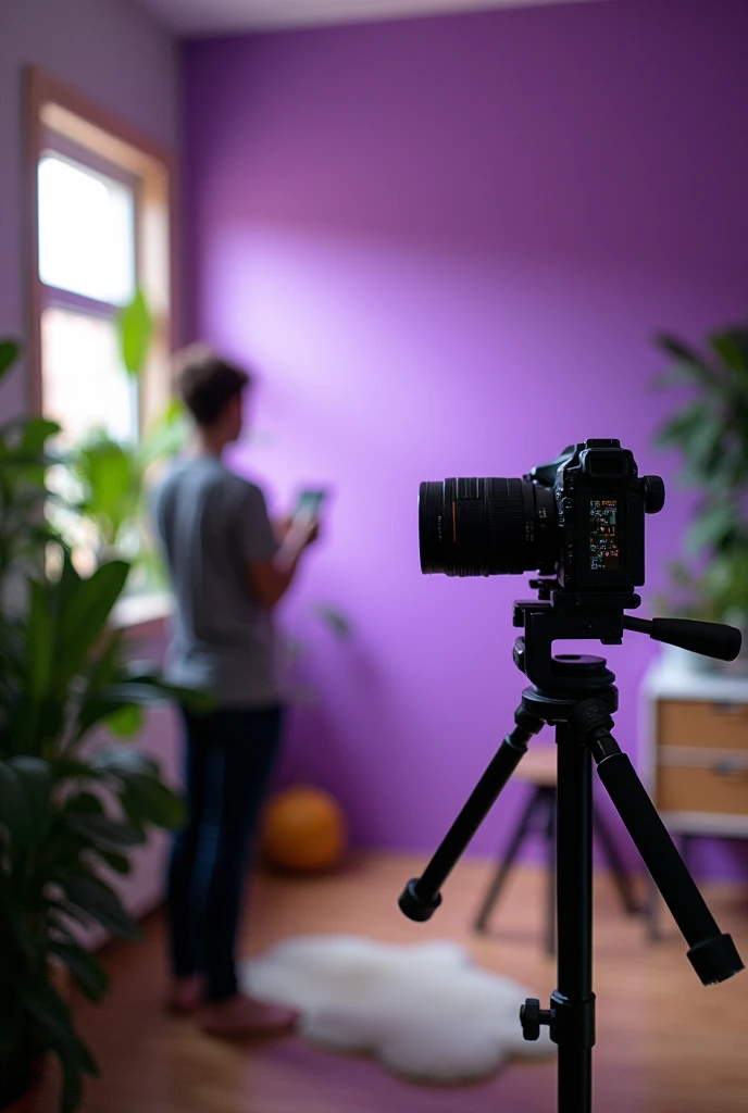 indoors, soft lighting, plants in background, window with sunlight, cozy room, room with purple wall and set up camera doing the video