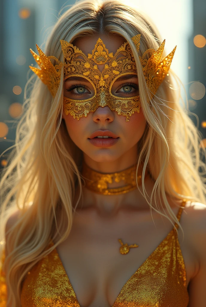 Blonde girl with long hair, grey eyes, splattered nose, with a gold lace mask, with city background, golden and sexy dress