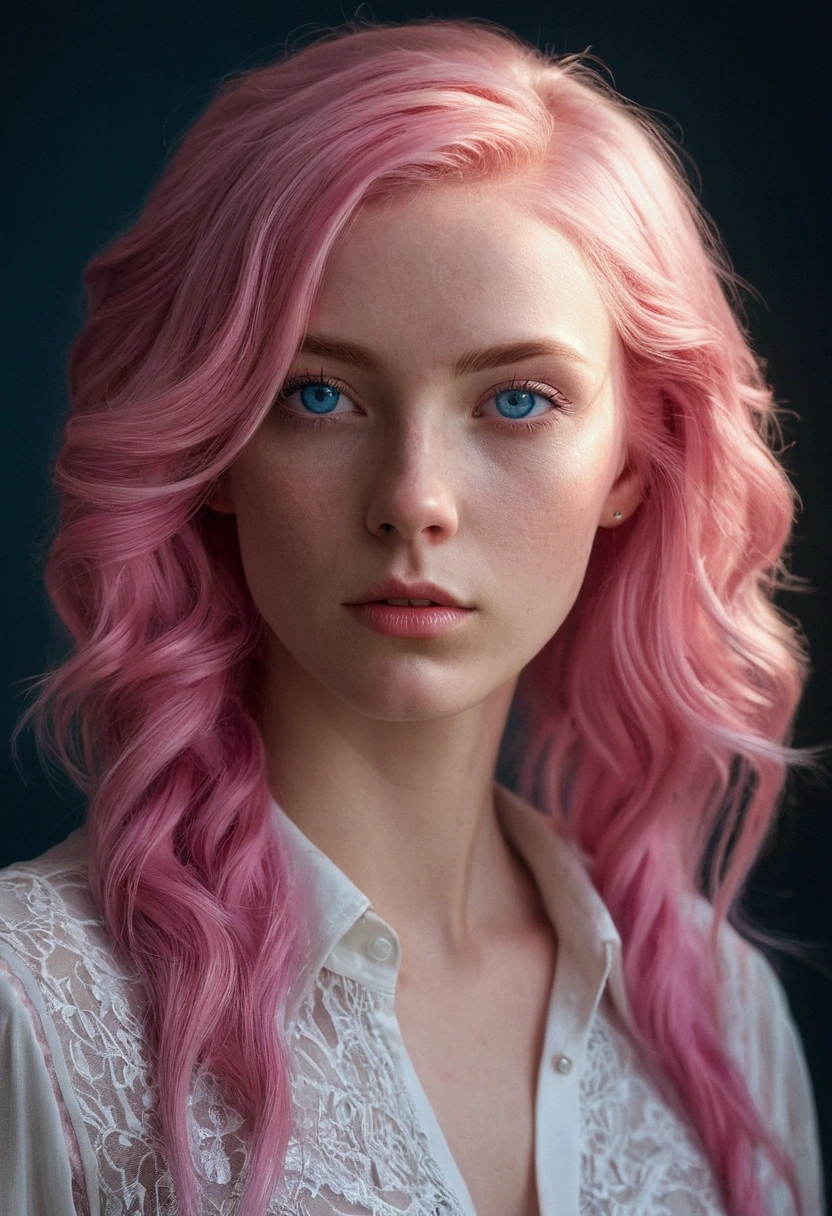 tall girl,pink hair, blue eyes, hyperdetailed photographs, soft light,realist, 