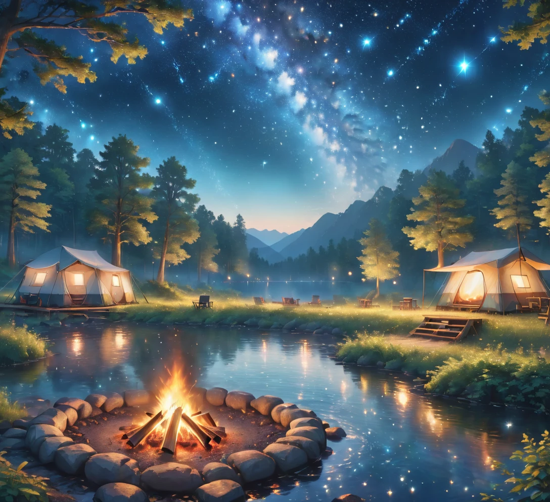landscape, summer, night, forest, campfire in one place, unmanned, nobody, starry sky, HD detail, ultra detail, film, hyper realism, soft light, deep focus bokeh, ray tracing, hyper realism. , Art Station pixiv Gwise, Makoto Shinkai, Art Germ