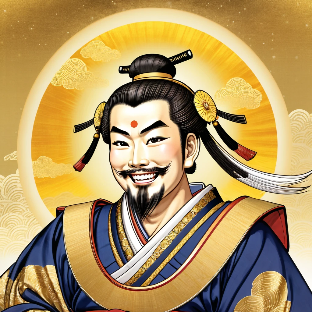 Toyotomi Hideyoshi, depicted with an exaggerated, victorious smile, his eyes gleaming with pride and triumph. His face radiates joy, as if basking in the glory of his achievements. The background is a glowing, golden aura, amplifying his sense of greatness."