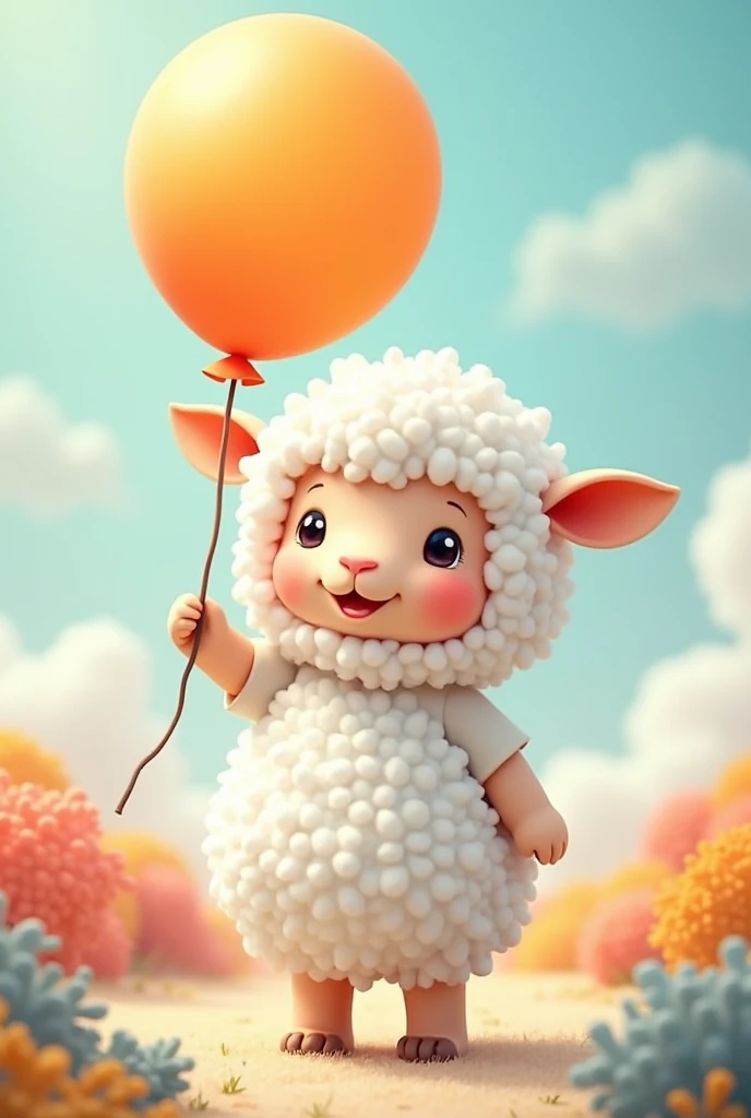mouton en peluche se promenant debout avec un ballon de baudruche dans la main. dans style enfantin et contrasté