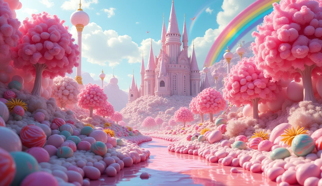 realistic, a candy land with lots of candy, candy forest, candy land, candyland, everything is made of candy, made of cotton candy, in a candy land style house, candy - coated, made of candy and lollipops, heaven pink, cotton candy, made of candy, heaven!!!!!!!!, cotton candy trees, rainbow colors lollipop flowers, chocolate river, hyperreal phantastic landscape, lots of candy land style houses, a big candy land style castle surrounded by  a river made of chocolate,  road made with candy buttons, Chewing Gum, candy cannes, lollypop candies all over the place, rainbow over the sky