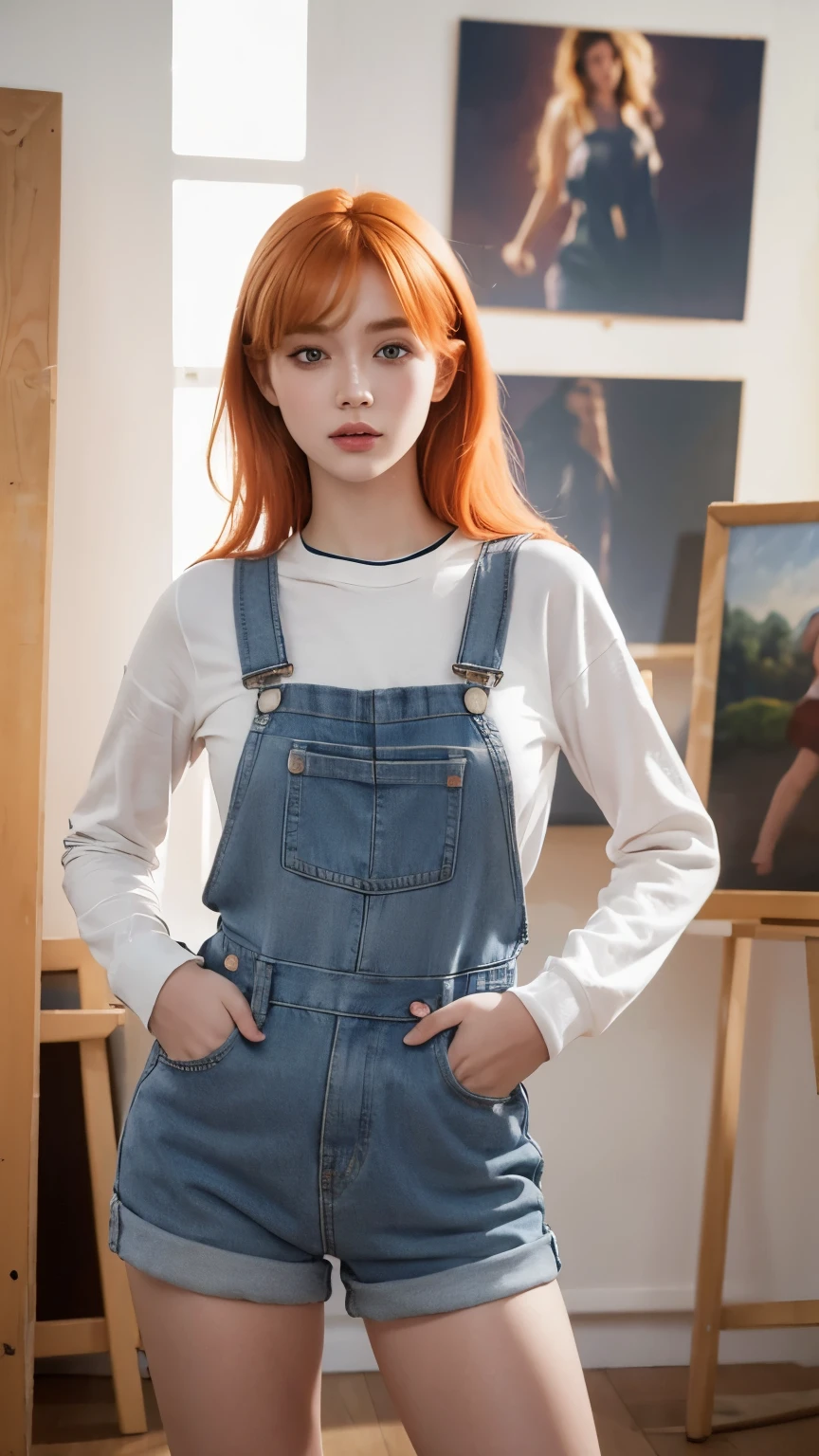 a girl with orange hair, wearing lilac overalls, long socks, beautiful body, beautiful face, painting studio in the background, (best quality,4k,8k,highres,masterpiece:1.2),ultra-detailed,(realistic,photorealistic,photo-realistic:1.37),intricate details, vibrant colors, warm lighting, cinematic composition