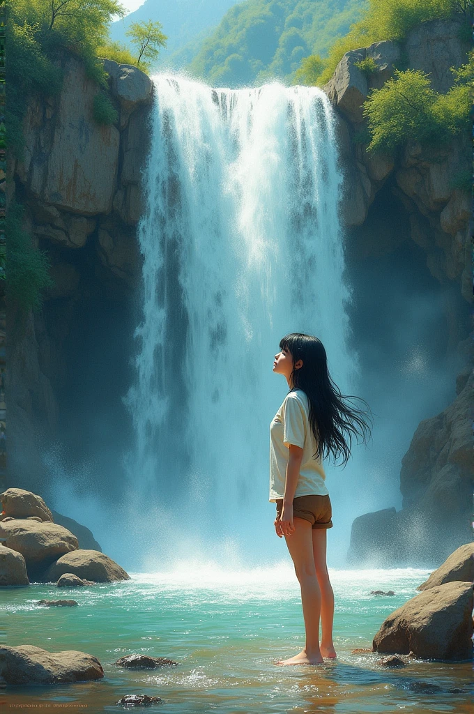 full lebght hiper 2k Young woman, and beautiful face, sweet, black hair, and beautiful face, sweet, long black hair, wearing a white round neck shirt, brown shorts, playing in a beautiful waterfall splashing down from a high cliff. There is a mountain stream, a cool, refreshing atmosphere, glowing and sparkling beautifully. Oil painting, oil painting, 3D painting, art painting, Ajarn Chalermchai