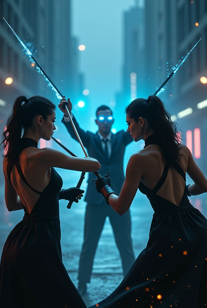 (Two spy girls, dressed in sleek, black backless dresses, are engaged in an intense sword fight against a menacing man in a sharp suit. The man's eyes glow an eerie, electric blue, as he attempts to use hypnosis on them. The girls, both agile and fierce, are locked in combat, their swords clashing with sparks flying. The background is a dimly lit, futuristic cityscape, adding to the tension and drama of the scene. The atmosphere is charged, with the blue glow from the man's eyes casting an ominous light over the battle."