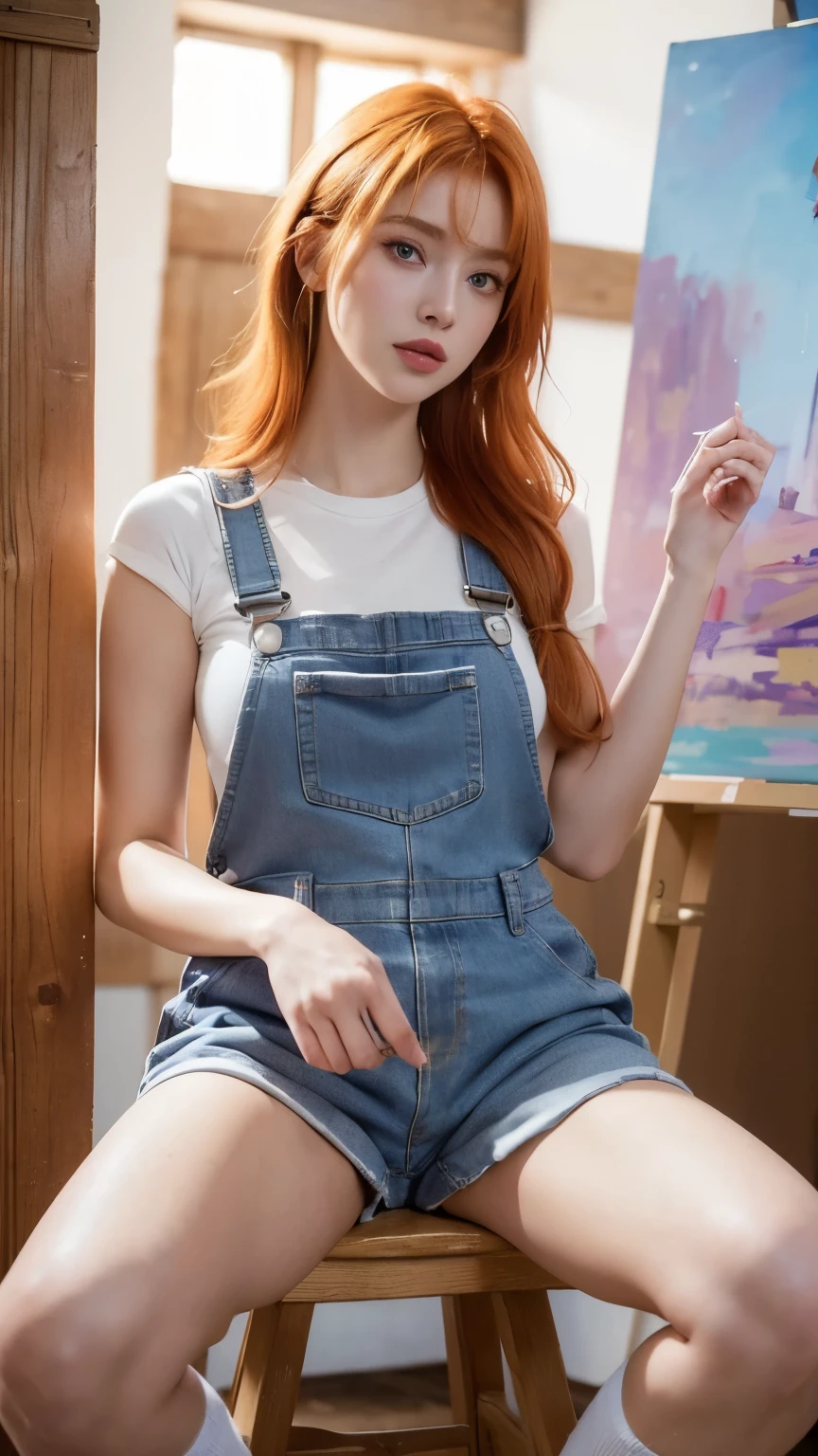 a girl with orange hair, wearing “lilac” overalls, long socks, beautiful body, beautiful face, painting studio in the background, (best quality,4k,8k,highres,masterpiece:1.2),ultra-detailed,(realistic,photorealistic,photo-realistic:1.37),intricate details, vibrant colors, warm lighting, cinematic composition