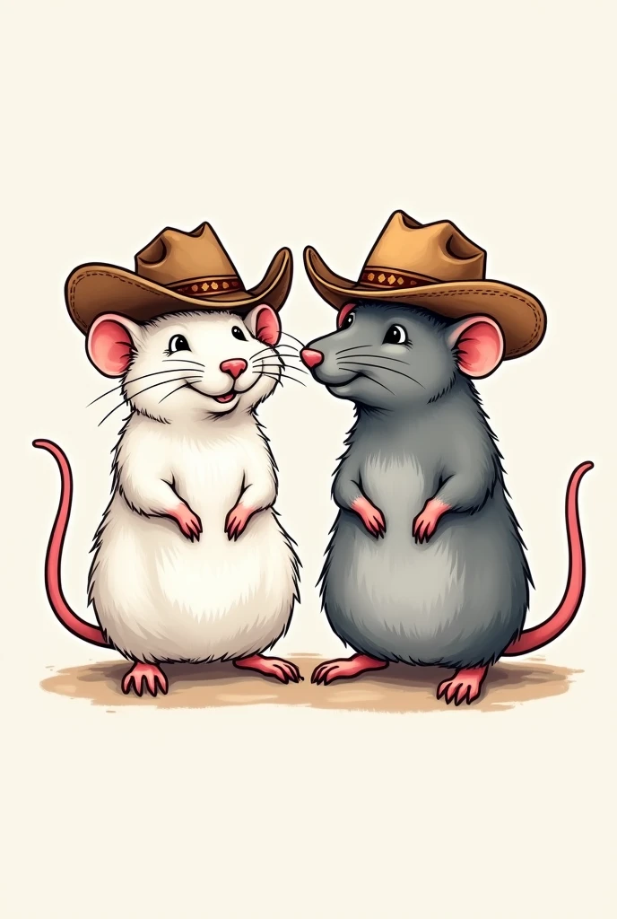 tattoo (drawing, not realistic) of a white rat and a gray rat wearing cowboy hats