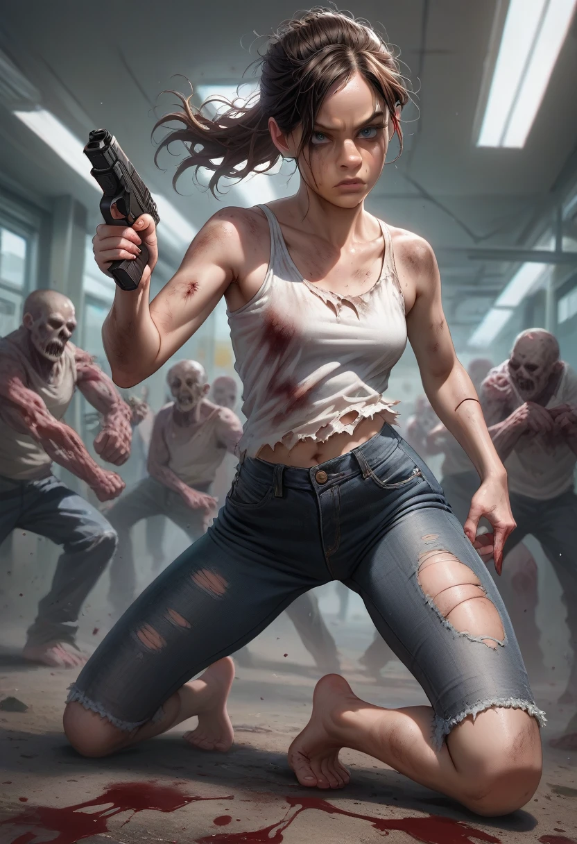 19 y.o., 1 girl, Claire Redfield, very small breast, detailing face, detailing body, big hips, small ass, brown hair, cute, detailing face, source_anime, large laboratory, white tank- top,ripped tan-top on breats, oversized tank-top, black jeans, barefoot, dirty skin, wounds, bruises, fatigue, dirty hair, fatique on face, standing, torn closed, in blood, evil, gun in hand, battle pose, battle with zombie, claire vs zombie