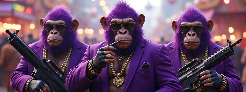 3 Purple Apes, With giant and high-caliber weapons, with gangster SUIT with chains, tattooed, with huge diamond and gold rings, smoking with a pipe, at an Indian fair